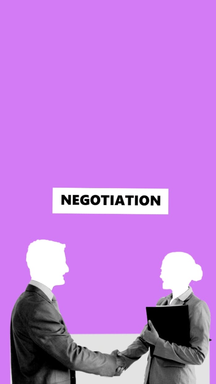 Illustration of entrepreneurs wearing formal clothes shaking hands while having meeting against purple background